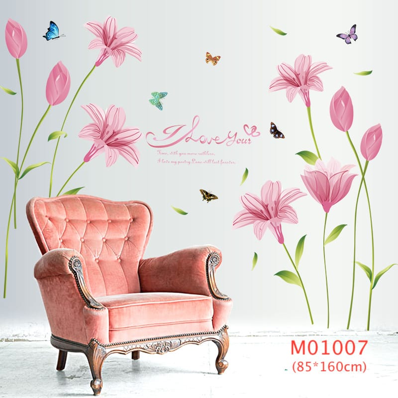 สติ๊กเกอร์ดอกไม้ สีชมพู pink flower wall sticker